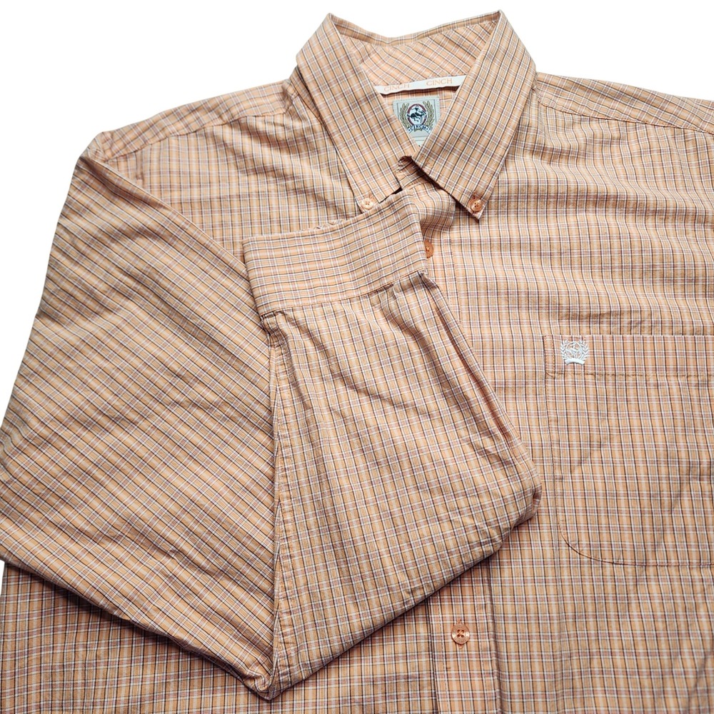 Cinch Mens Plaid Long Sleeve Button Down Shirt Orange‎ Tan Size L western